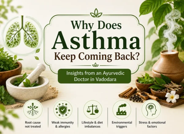 Ayurvedic asthma treatment infographic by Vedvakya Ayurvedic Hospital in Vadodara, Best Ayurvedic Clinic showing common reasons asthma returns including weak immunity, allergies, stress, lifestyle imbalance, and environmental triggers.