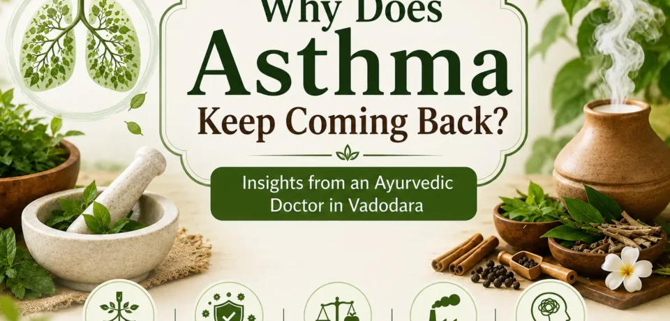 Ayurvedic asthma treatment infographic by Vedvakya Ayurvedic Hospital in Vadodara, Best Ayurvedic Clinic showing common reasons asthma returns including weak immunity, allergies, stress, lifestyle imbalance, and environmental triggers.