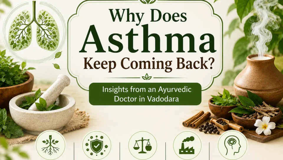 Ayurvedic asthma treatment infographic by Vedvakya Ayurvedic Hospital in Vadodara, Best Ayurvedic Clinic showing common reasons asthma returns including weak immunity, allergies, stress, lifestyle imbalance, and environmental triggers.