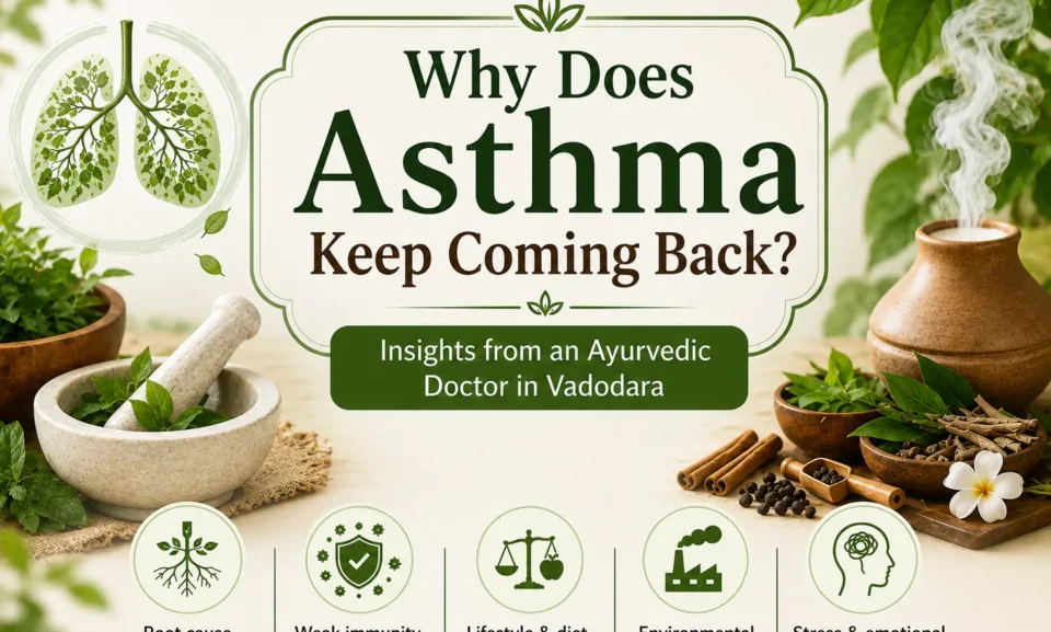 Ayurvedic asthma treatment infographic by Vedvakya Ayurvedic Hospital in Vadodara, Best Ayurvedic Clinic showing common reasons asthma returns including weak immunity, allergies, stress, lifestyle imbalance, and environmental triggers.