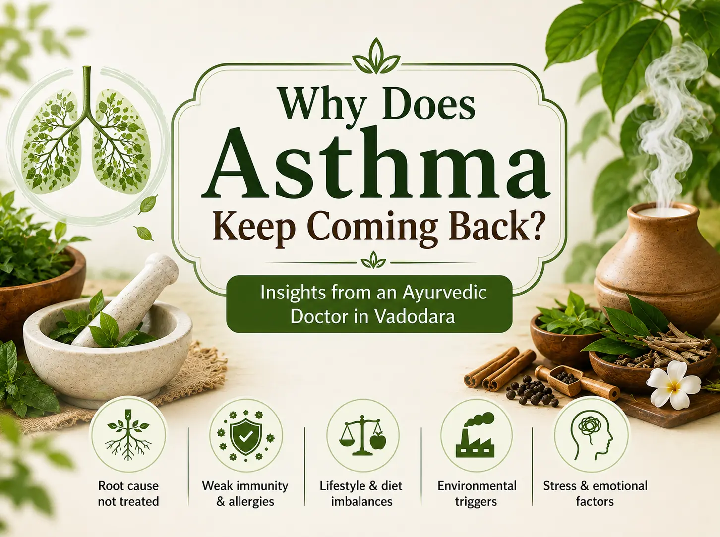 Ayurvedic asthma treatment infographic by Vedvakya Ayurvedic Hospital in Vadodara, Best Ayurvedic Clinic showing common reasons asthma returns including weak immunity, allergies, stress, lifestyle imbalance, and environmental triggers.