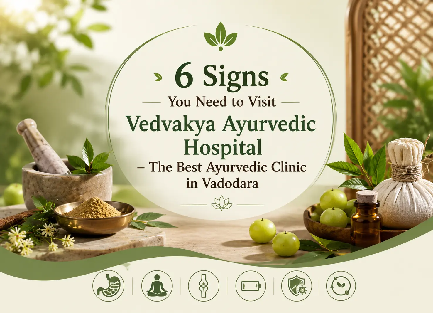 Illustration for 6 signs you need to visit Vedvakya Ayurvedic Hospital, the best Ayurvedic clinic in Vadodara, for natural healing.